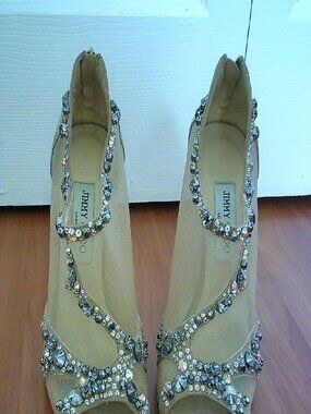 Jimmy Choo Crystal Embellished Mesh & Suede Heels